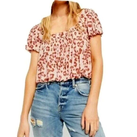 Free People Meg's Animal Print Cropped Mesh Top Pink Brown Short Sleeves Sz S - Picture 1 of 7